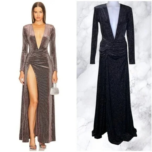 Michael Costello x REVOLVE Sheana Long Sleeve Plunge Maxi Gown in Black - Picture 1 of 6
